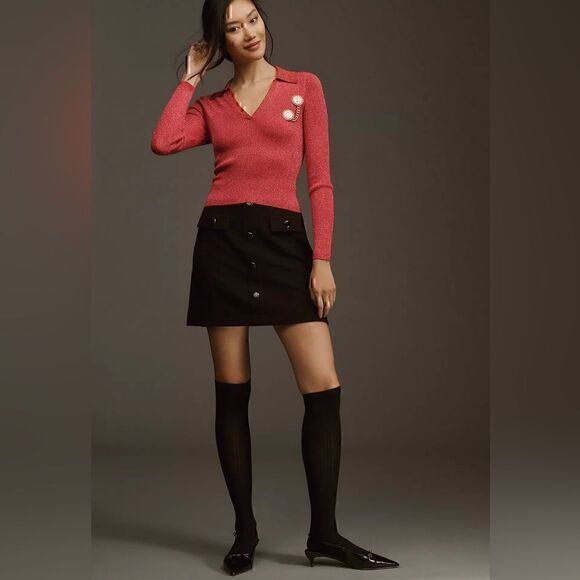 Anthropologie Maeve V-Neck Lurex Polo Sweater M - Picture 2 of 4